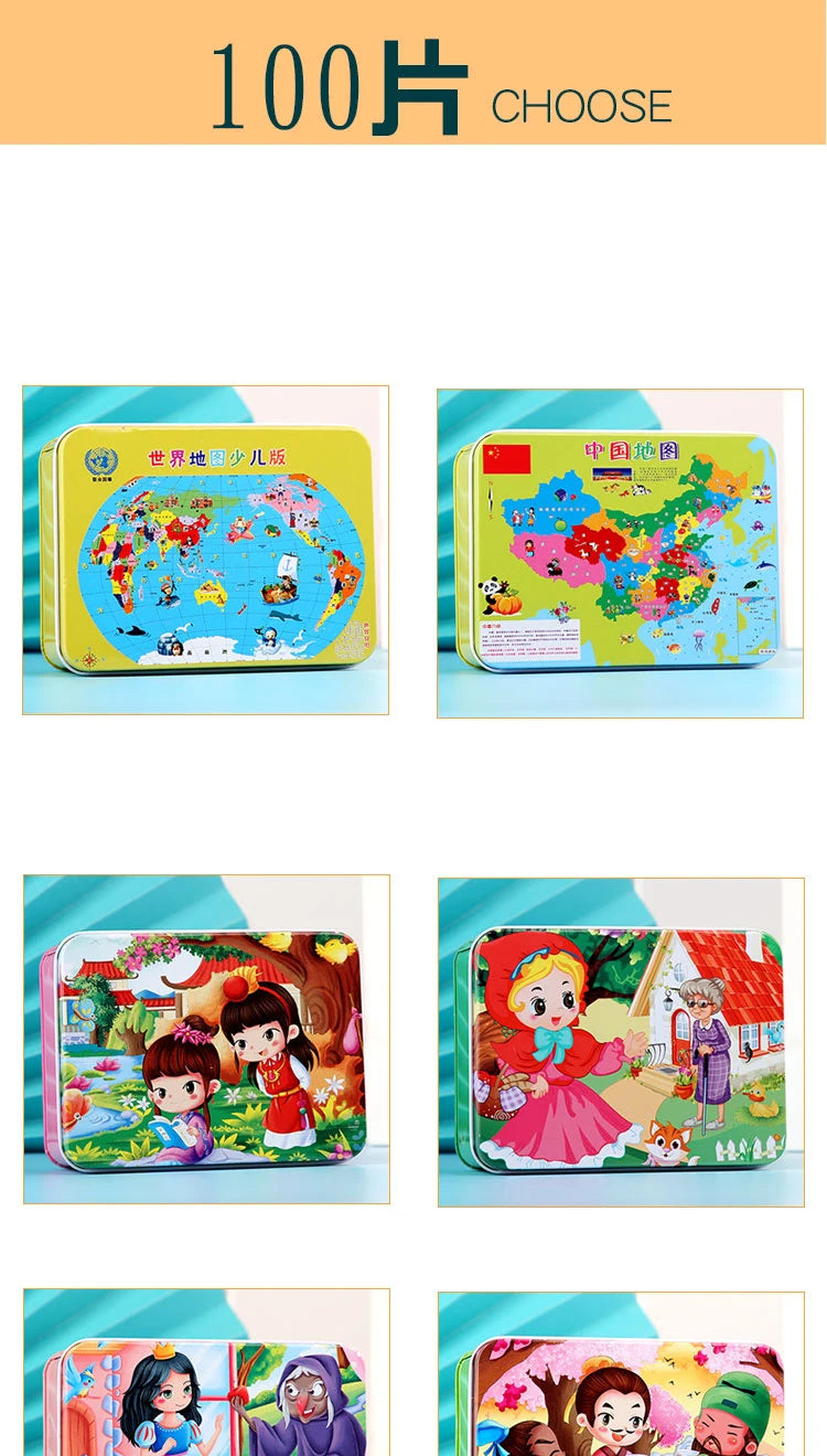 100 Pieces Wooden Toys Puzzle Toy Cartoon Animal Wood Jigsaw Puzzles Child Early Educational Learning Toys for Children