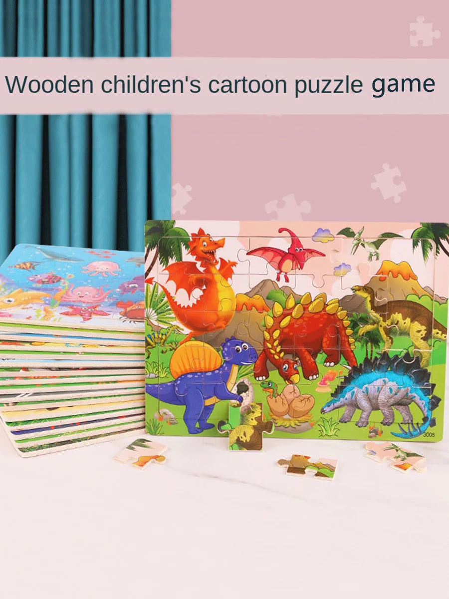 1pc 30 Pieces Wooden Jigsaw Puzzle Kids Cartoon Animal Vehicle Puzzles Games Montessori Learning Educational Toys for Children