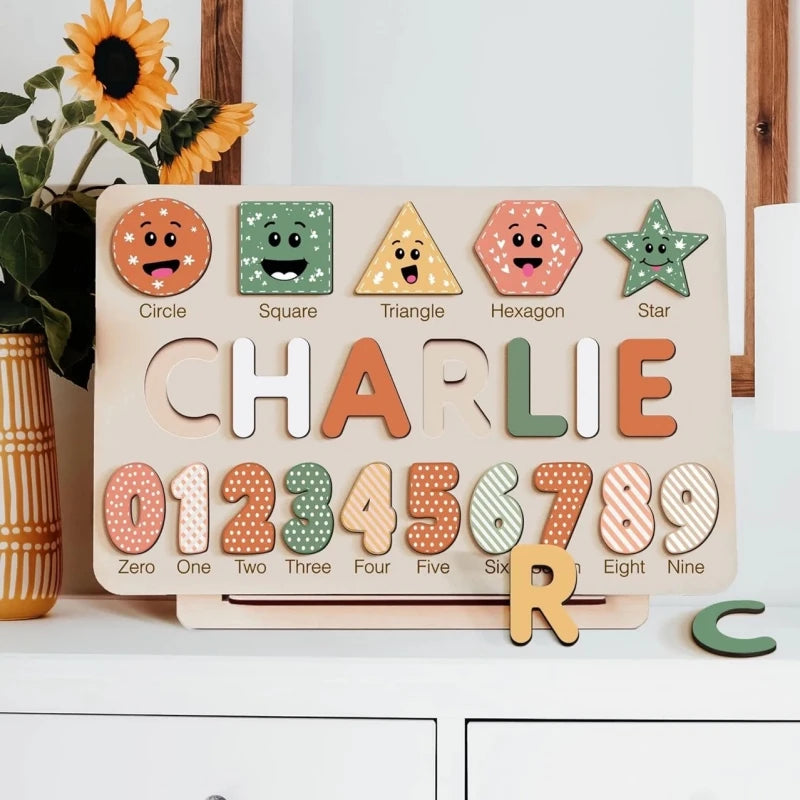 Personalized Wooden Puzzle Baby Custom First Name Puzzle Toy Montessori Educational Shape Matching Game Board Kids Birthday Gift
