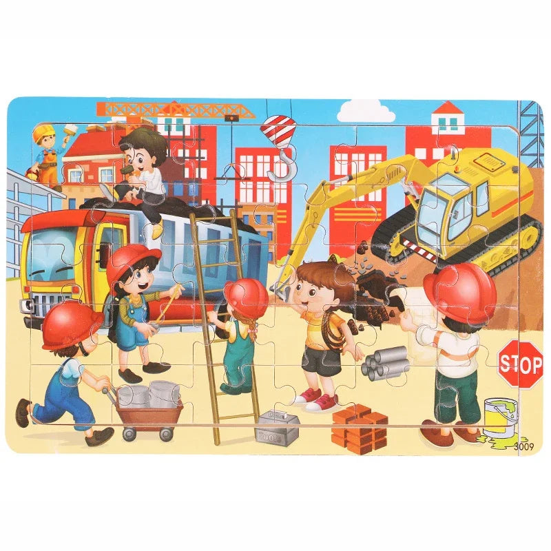 1pc 30 Pieces Wooden Jigsaw Puzzle Kids Cartoon Animal Vehicle Puzzles Games Montessori Learning Educational Toys for Children