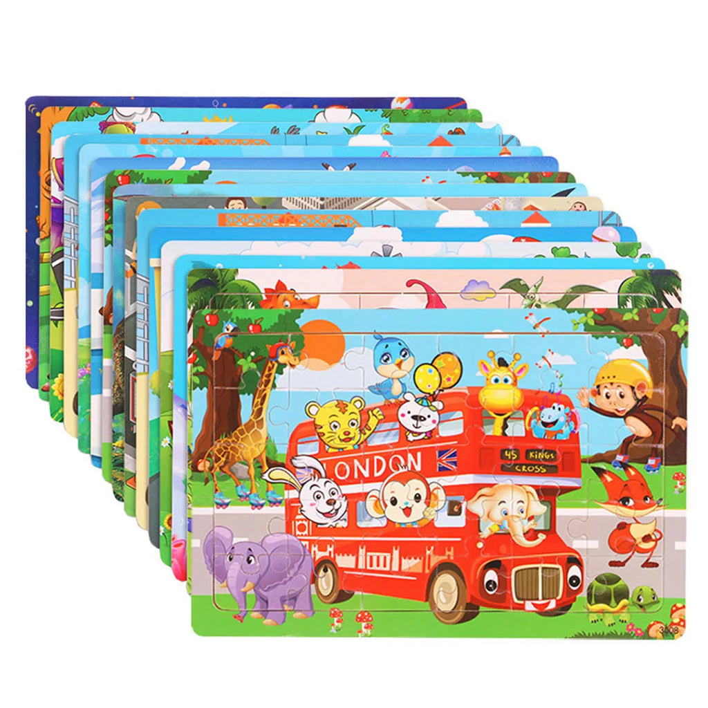 1pc 30 Pieces Wooden Jigsaw Puzzle Kids Cartoon Animal Vehicle Puzzles Games Montessori Learning Educational Toys for Children