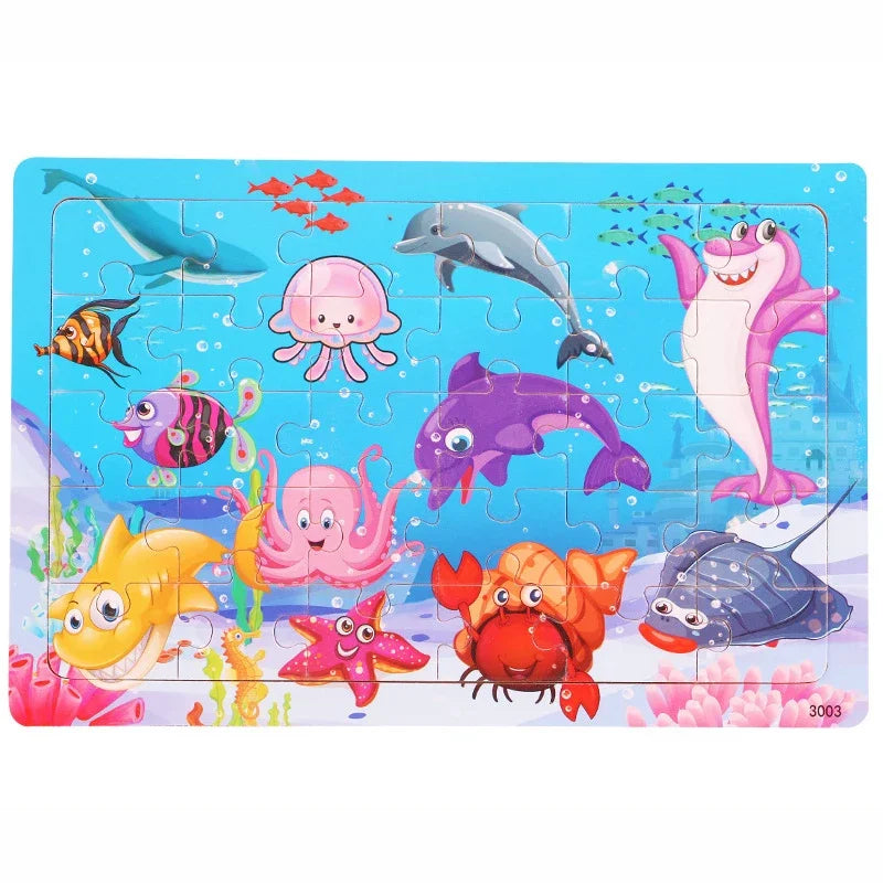 1pc 30 Pieces Wooden Jigsaw Puzzle Kids Cartoon Animal Vehicle Puzzles Games Montessori Learning Educational Toys for Children