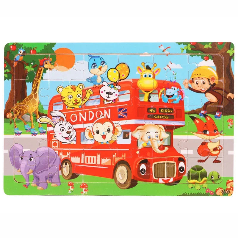 1pc 30 Pieces Wooden Jigsaw Puzzle Kids Cartoon Animal Vehicle Puzzles Games Montessori Learning Educational Toys for Children