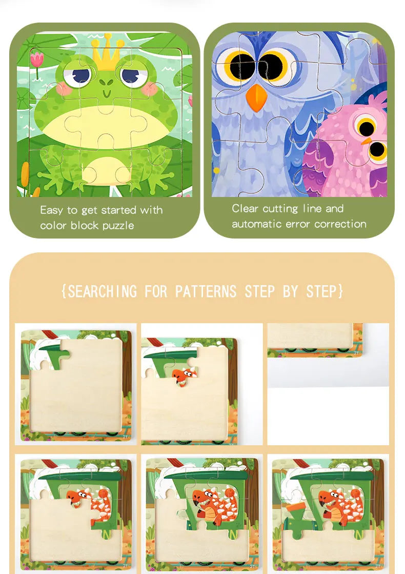Montessori Wooden Children Cartoon Animal Pattern Puzzle Toy For Early Childhood Education 2-7 Years Old