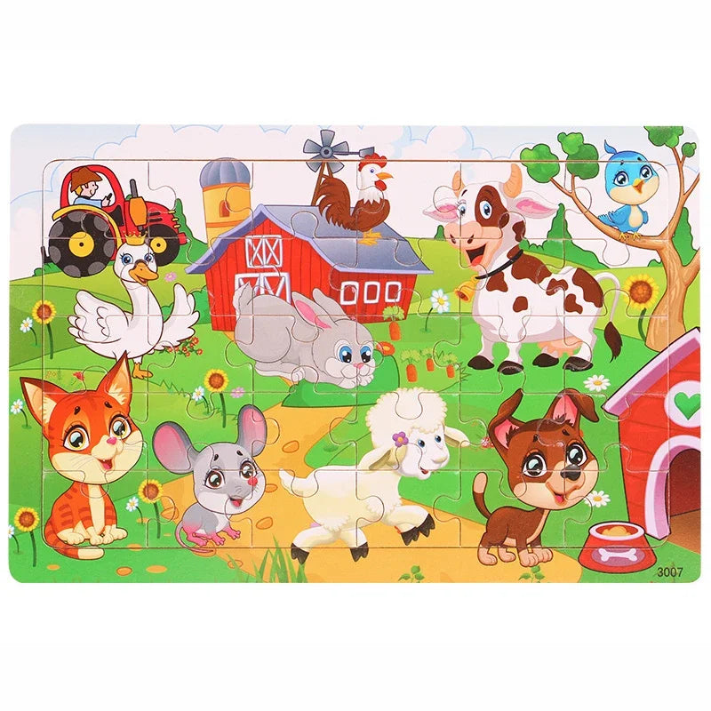 1pc 30 Pieces Wooden Jigsaw Puzzle Kids Cartoon Animal Vehicle Puzzles Games Montessori Learning Educational Toys for Children