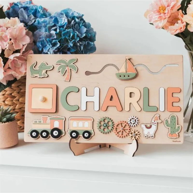 Personalized Wooden Puzzle Baby Custom First Name Puzzle Toy Montessori Educational Shape Matching Game Board Kids Birthday Gift