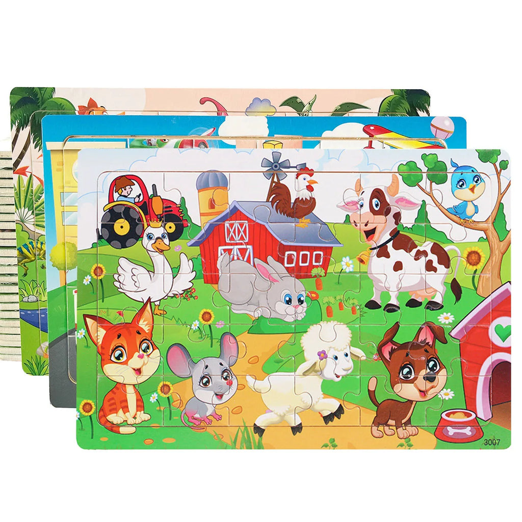 1pc 30 Pieces Wooden Jigsaw Puzzle Kids Cartoon Animal Vehicle Puzzles Games Montessori Learning Educational Toys for Children