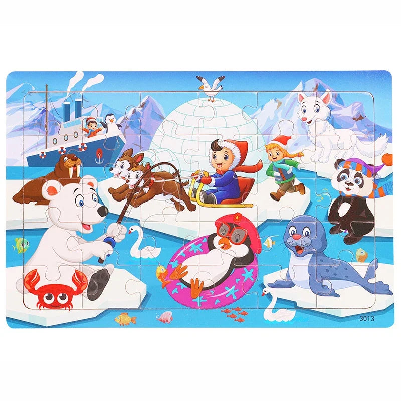 1pc 30 Pieces Wooden Jigsaw Puzzle Kids Cartoon Animal Vehicle Puzzles Games Montessori Learning Educational Toys for Children
