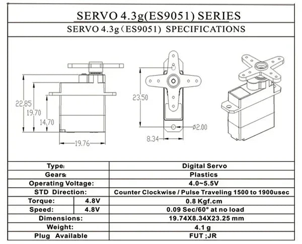 EMAX New ES9051 ES9251 4.3g/2.5G Digital Servo Motor Plastic Gear 0.8kg Torque for 3D F3P Airplanes