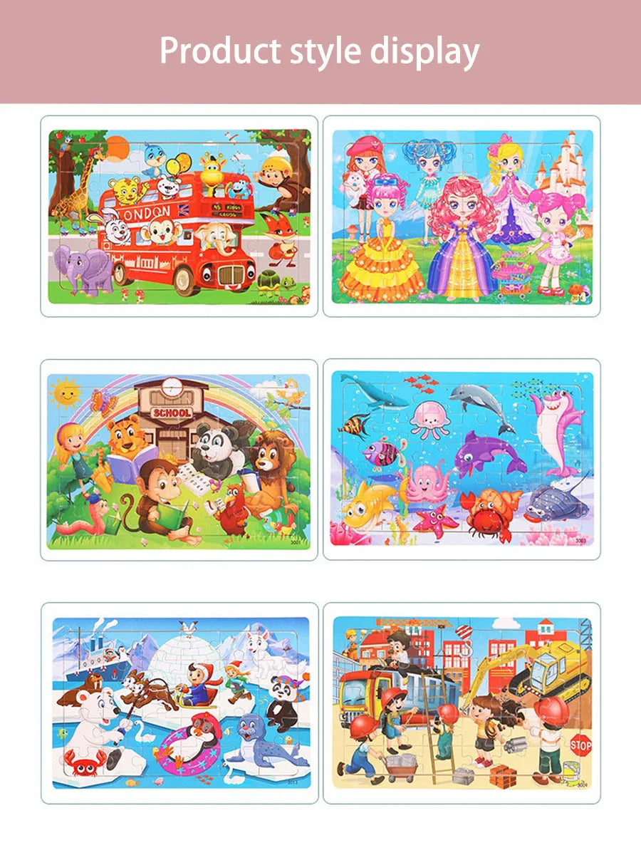 1pc 30 Pieces Wooden Jigsaw Puzzle Kids Cartoon Animal Vehicle Puzzles Games Montessori Learning Educational Toys for Children